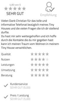 Das Bild zeigt die Kundenbewertung für das Tiny House Coaching. Zu sehen ist das individuelle Feedback des Kunden