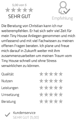 4 Das Bild zeigt die Kundenbewertung für das Tiny House Coaching. Zu sehen ist das individuelle Feedback des Kunden