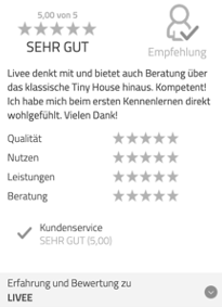 Das Bild zeigt die Kundenbewertung für das Tiny House Coaching. Zu sehen ist das individuelle Feedback des Kunden
