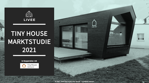 Das Bild zeigt das Titelbild der Tiny House Marktstudie 2021. Zu sehen ist ein Modulhaus auf einem Grundstück