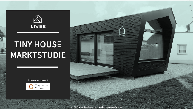 Das Bild zeigt das Titelbild der Tiny House Marktstudie 2021. Zu sehen ist ein Modulhaus auf einem Grundstück